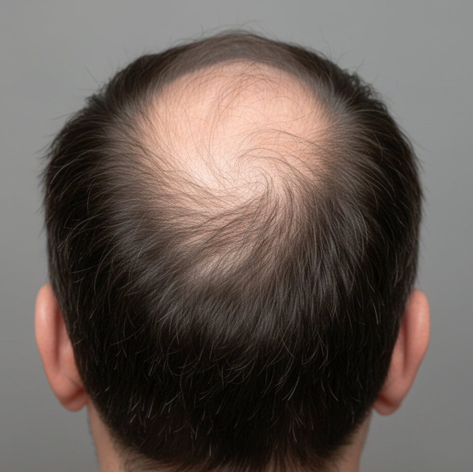 Male hair thinning and early balding at the crown, showing visible scalp and reduced hair density.
