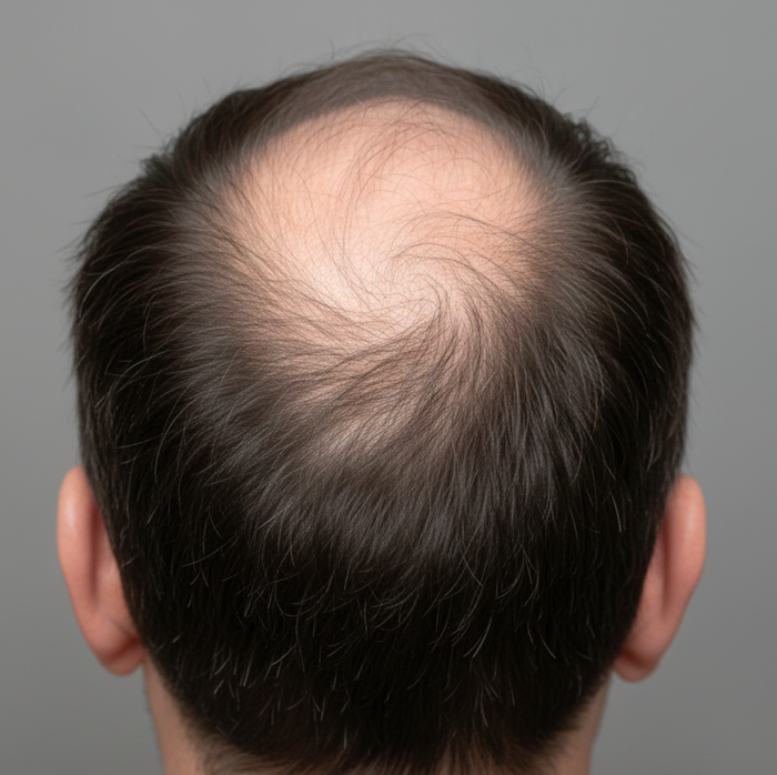 Male hair thinning and early balding at the crown, showing visible scalp and reduced hair density.