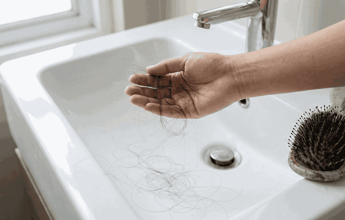 Hand holding fallen hair over a bathroom sink, showing visible hair fall and shedding