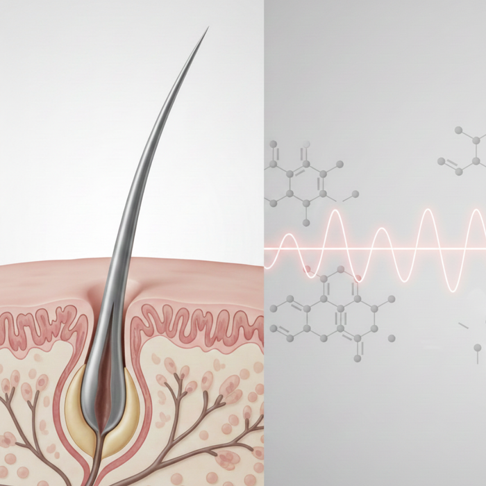 Illustration showing a hair follicle cross-section with scientific elements representing evidence-based hair fall remedies and follicle support
